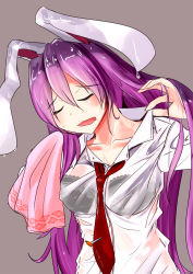 Rule 34 | 1girl, animal ears, black bra, bra, breasts, collarbone, closed eyes, hand in own hair, highres, lace, lace-trimmed bra, lace trim, large breasts, long hair, nama shirasu, necktie, purple hair, rabbit ears, reisen udongein inaba, see-through, shirt, solo, sweat, touhou, towel, underwear, upper body, very long hair, wet, wet clothes, wet shirt