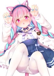 Rule 34 | 1girl, ahoge, animal ears, blue hair, blue hairband, blue nails, blue ribbon, blue sailor collar, blue skirt, braid, breasts, cat ears, cat girl, cat tail, chestnut mouth, claw pose, faubynet, feet out of frame, frilled sailor collar, frills, hairband, hands up, highres, hololive, jacket, knees up, long hair, looking at viewer, lying, medium breasts, minato aqua, minato aqua (sailor), multicolored hair, nail polish, on back, open clothes, open jacket, open mouth, pantyhose, pink hair, pleated skirt, purple hair, revision, ribbon, sailor collar, shirt, simple background, skirt, solo, tail, tail ornament, tail ribbon, thighband pantyhose, twin braids, twintails, two-tone hair, very long hair, virtual youtuber, white background, white jacket, white pantyhose, white shirt