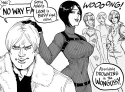 Rule 34 | 1boy, 4girls, absurdres, ada wong, bb (baalbuddy), black hair, breasts, covered navel, english text, fur collar, highres, jacket, large breasts, leon s. kennedy, meme, multiple girls, multiple persona, navel, no way fag (meme), open clothes, open jacket, resident evil, resident evil 2, resident evil 2 (remake), resident evil 4, resident evil 4 (remake), resident evil 6, shaded face, short hair, simple background, speech bubble, talking, white background