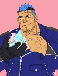 Rule 34 | 1boy, bara, beard stubble, big nose, black gloves, blue hair, blue jacket, chiseled face, ei (marutendon), facial hair, facing viewer, fang, food, gloves, hand hair, highres, holding, holding food, holding ice cream, holding spoon, ice cream, jacket, jewelry, leather, leather jacket, licking lips, live a hero, looking at food, male focus, mature male, multicolored hair, muscular, muscular male, necklace, pink background, scar, scar across eye, scar on face, scar on forehead, short hair, sideburns, simple background, single glove, solo, sparkle, spoon, stubble, thick eyebrows, tongue, tongue out, tusks, two-tone hair, upper body, yoshiori (live a hero)