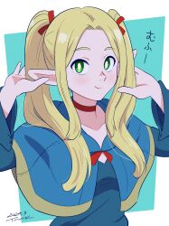 Rule 34 | 1girl, absurdres, alternate hairstyle, aqua background, blonde hair, blue capelet, blue robe, blush, bright pupils, capelet, choker, dated, dungeon meshi, elf, green eyes, hair ribbon, highres, long hair, looking at viewer, marcille donato, pointy ears, red choker, red ribbon, ribbon, robe, signature, smile, solo, tsunemoku, twintails, upper body, white background, white pupils