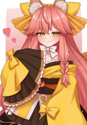 Rule 34 | 1girl, absurdres, animal ear fluff, animal ears, border, bow, bowtie, closed mouth, fate/samurai remnant, fate (series), fox ears, hair bow, hand on own chest, heart, highres, japanese clothes, kimono, long hair, looking at viewer, noerujq, obi, pink background, pink hair, sash, sidelocks, simple background, sleeves past fingers, sleeves past wrists, smile, solo, tamamo (fate), tamamo aria (fate), upper body, white border, white bow, white bowtie, wide sleeves, yellow bow, yellow eyes, yellow kimono