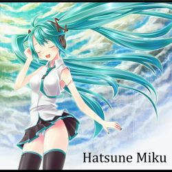 Rule 34 | 1girl, aqua hair, breasts, closed eyes, cloud, female focus, hatsune miku, long hair, necktie, outdoors, panties, pantyshot, skirt, sky, solo, striped clothes, striped panties, thighhighs, twintails, underwear, very long hair, vocaloid