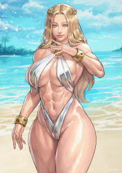 Rule 34 | 1girl, absurdres, beach, blonde hair, bracelet, breasts, capcom, cirenk, highres, jewelry, kolin, large breasts, looking at viewer, street fighter, street fighter v, swimsuit