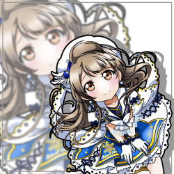 Rule 34 | 1girl, :o, anchor symbol, artist name, artist request, badge, blue bow, blue shirt, blue skirt, blush, bow, brown eyes, brown hair, earrings, feathers, female focus, gloves, hat, jacket, jewelry, light brown hair, long hair, looking at viewer, love live!, love live! school idol festival, love live! school idol project, minami kotori, puffy short sleeves, puffy sleeves, sailor collar, shirt, short sleeves, skirt, snowflakes, solo, star (symbol), white feathers, white gloves, white hat, white jacket, white shirt, yuunaduse