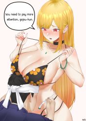 Rule 34 | 1boy, 1girl, absurdres, artist name, between breasts, bikini, black bikini, black hair, blonde hair, blush, bracelet, breast press, breasts, cleavage, collarbone, commentary request, ear piercing, earrings, english text, fingernails, floral print, gojou wakana, halterneck, halterneck, head between breasts, headband, highres, jewelry, kitagawa marin, large breasts, lifted by self, long hair, looking at another, measuring, nail polish, necklace, open mouth, piercing, pink nails, print bikini, red eyes, ring, sharp fingernails, simple background, sono bisque doll wa koi wo suru, speech bubble, standing, strap lift, string bikini, sweat, swimsuit, tape measure, tobiko, very long hair, white background, white headband