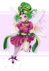 Rule 34 | 1girl, absurdres, ankle bow, ankle ribbon, argyle, argyle background, argyle clothes, back bow, bare legs, bow, bracelet, braid, brooch, circlet, closed mouth, dress, fairy wings, gem, green bow, green hair, hair ornament, highres, jewelry, leg ribbon, looking at viewer, panel de pon, pointy ears, purple background, purple dress, purple eyes, ribbon, ruby (panel de pon), shoes, short dress, short hair, smile, solo, wings, yuu cream