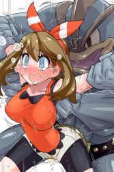 Rule 34 | 1boy, 1girl, @ @, arms up, belt, bike shorts, black male underwear, blue eyes, blush, boxer briefs, breasts, breath, brown eyes, brown hair, collarbone, colored skin, cowboy shot, creatures (company), crying, drooling, ear blush, embarrassed, extra arms, game freak, gen 1 pokemon, grey skin, hairband, holding another&#039;s arm, large breasts, leaning forward, legs apart, long hair, machamp, male underwear, may (pokemon), motion lines, multiple hands, muscular, muscular male, nintendo, nose blush, open mouth, outstretched arms, pee, peeing, peeing self, pokemon, pokemon (creature), pokemon oras, red hairband, red shirt, restrained, saliva, shirt, short shorts, shorts, sidelocks, simple background, sleeveless, sleeveless shirt, solo focus, spread arms, standing, sweat, tears, textless version, tickling, tororonoyama, trembling, underwear, wavy mouth, wet, wet clothes, white background, white shorts, wide-eyed