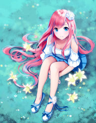 Rule 34 | 1girl, ankle flower, blue eyes, blue hair, blue skirt, blush, breasts, cleavage, clothing cutout, flower, from above, grass, hair flower, hair ornament, hands under legs, highres, knees up, lily (flower), long hair, looking at viewer, matching hair/eyes, meadow, medium breasts, multicolored hair, original, outdoors, own hands together, pleated skirt, pointy ears, red hair, shirt, shoes, shoulder cutout, sitting, skirt, smile, solo, streaked hair, two-tone hair, very long hair, white shirt, yin.