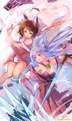 Rule 34 | 2girls, absurdres, animal ears, bead necklace, beads, breasts, brown hair, detached sleeves, fang, geta, highres, holding, holding weapon, ice, japanese clothes, jewelry, large breasts, long hair, magatama, magatama necklace, multiple girls, nagasawa tougo, necklace, open mouth, original, red eyes, short hair, silver hair, staff, tail, talisman, twitter username, weapon, wide sleeves