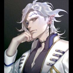Rule 34 | 1boy, akr noze, blue shirt, choker, commentary request, ear piercing, expressionless, eyepatch, forehead tattoo, formal, from side, gold trim, hades (shuumatsu no valkyrie), hand on own face, highres, jacket, leaf tattoo, long hair, male focus, piercing, pointy ears, shirt, shuumatsu no valkyrie, solo, twitter username, upper body, white jacket
