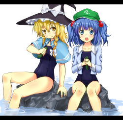 Rule 34 | 2girls, :t, blonde hair, blue eyes, blue hair, braid, capelet, cucumber, female focus, hair bobbles, hair ornament, hat, kawashiro nitori, kirisame marisa, letterboxed, multiple girls, no pants, one-piece swimsuit, open clothes, school swimsuit, swimsuit, swimsuit under clothes, touhou, tsujigiri, twintails, two side up, water, witch, witch hat, yellow eyes