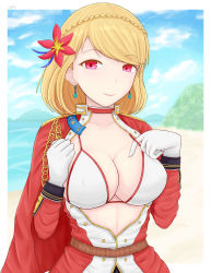 Rule 34 | 1girl, archstreal, azur lane, bad id, bad pixiv id, blonde hair, blush, border, breasts, cape, choker, cleavage, covered erect nipples, earrings, flower, gloves, hair flower, hair ornament, highres, jewelry, large breasts, looking at viewer, open clothes, outside border, prince of wales (azur lane), prince of wales (sun shining upon windsor) (azur lane), red eyes, short hair, smile, solo, swimsuit, swimsuit under clothes, upper body, white border, white gloves