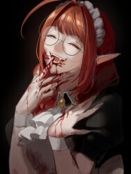 Rule 34 | 1girl, absurdres, ahoge, apple b. jean (hanny), apron, ascot, black background, blood, blood on clothes, blood on face, blood on hands, fangs, glasses, hanny (uirusu chan), happy, highres, huge ahoge, long hair, maid, maid apron, maid headdress, original, pointy ears, randal&#039;s friends, red hair, round eyewear, solo, vampire, white apron, white ascot, wrist cuffs