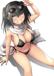 Rule 34 | 1girl, adjusting eyewear, alternate costume, bikini, black bikini, breasts, commentary request, eyewear on head, from above, grin, hair between eyes, hand on eyewear, highres, kantai collection, kuromayu, large breasts, light blush, looking at viewer, navel, scarf, sendai (kancolle), shadow, side-tie bikini bottom, sitting, smile, solo, sunglasses, swimsuit, two side up, white background, white scarf