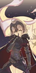 Rule 34 | 1girl, absurdres, ahoge, armor, breasts, cloak, eyebrows hidden by hair, fate/grand order, fate (series), finger to mouth, flag, grey hair, headpiece, highres, holding, holding flag, holding weapon, jeanne d&#039;arc alter (avenger) (fate), jeanne d&#039;arc alter (fate), looking at viewer, short hair, shushing, smile, solo, sword, weapon, yellow eyes, yozora (1wkdgusdn)