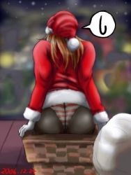 Rule 34 | 1girl, artist request, ass, black pantyhose, brown hair, chimney, christmas, copyright request, crotch seam, dated, from behind, gloves, lowres, panties, panties under pantyhose, pantyhose, sack, santa costume, solo, speech bubble, spoken sweatdrop, striped clothes, striped panties, stuck, sweatdrop, underwear