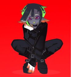 1girl black_choker black_footwear black_hair black_jacket black_pants black_skin boots choker colored_skin full_body glasses green_hair hand_up highres jacket kiki_(splatoon) long_sleeves looking_at_viewer multicolored_hair nintendo open_mouth pants red_background red_eyes round_eyewear simple_background solo splatoon_(series) splatoon_3 squatting tentacle_hair tripledip two-tone_hair