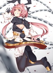 Rule 34 | 1boy, absurdres, animal ears, artist request, ass, astolfo (fate), astolfo (saber) (fate), bloomers, blush, boots, bow, fang, fate/grand order, fate (series), from behind, gloves, grin, hair bow, highres, long hair, looking at viewer, looking back, low twintails, mary janes, multicolored hair, pink hair, purple eyes, rabbit ears, shoes, skirt, smile, solo, thigh boots, thighhighs, trap, twintails, two-tone hair, underwear, very long hair, weapon, whip sword, white hair