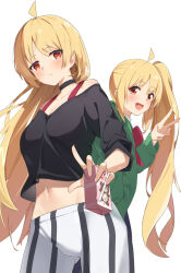 Rule 34 | 2girls, :d, ahoge, band (skymole01), black choker, black shirt, blonde hair, blush, bocchi the rock!, choker, closed mouth, collarbone, commentary, english commentary, green jacket, highres, ijichi nijika, ijichi seika, jacket, long hair, looking at viewer, multiple girls, navel, open mouth, pants, red eyes, shirt, siblings, side ponytail, simple background, sisters, smile, standing, striped clothes, striped pants, v, vertical-striped clothes, vertical-striped pants, white background, white pants