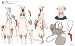 Rule 34 | 2girls, arm at side, barefoot, bent over, blue eyes, blush, breasts, character sheet, covered mouth, dress, facing away, giant, giantess, grey hair, headgear, high collar, highres, hukami yusui, long hair, looking at viewer, multicolored hair, multiple girls, multiple views, nail polish, original, red hair, red nails, short hair, simple background, size difference, sleeves past fingers, sleeves past wrists, smile, standing, tassel, tendou nitirin, tentacles, toenail polish, toenails, translation request, turnaround, white background, white dress, white hair, yukima (yushika)