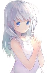Rule 34 | 1girl, blue eyes, borrowed character, dress, long hair, original, own hands together, silver hair, simple background, sketch, sleeveless, sleeveless dress, smile, solo, upper body, white background, yuraiko