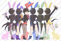 Rule 34 | 10s, 6+boys, animal ears, black socks, bow, brothers, brown eyes, brown hair, candy, cat, esper nyanko, fake animal ears, food, from behind, grin, kneehighs, pantyhose under shorts, lollipop, looking back, male focus, male playboy bunny, matsuno choromatsu, matsuno ichimatsu, matsuno jyushimatsu, matsuno karamatsu, matsuno osomatsu, matsuno todomatsu, multiple boys, nightcat, osomatsu-kun, osomatsu-san, pantyhose, pantyhose under shorts, rabbit, rabbit ears, rabbit tail, sextuplets, shorts, siblings, smile, socks, standing, standing on one leg, tail, tailcoat, thighhighs, white legwear