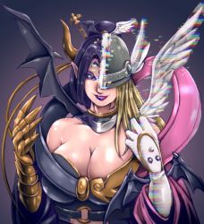 Rule 34 | 1girl, angel wings, angewomon, armor, bat wings, black hair, blonde hair, breasts, cleavage, corruption, digimon, digimon adventure, digimon xros wars, gold armor, horn, horns, jewelry, lilithmon, looking at viewer, mark of evil, mid-transformation, smile, solo, wings