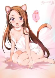 Rule 34 | 1girl, :o, animal ears, arm support, bare legs, barefoot, bow, bracelet, breasts, brown hair, camisole, cat ears, cat tail, earrings, gradient background, hair bow, hairband, idolmaster, idolmaster (classic), inoue sora, jewelry, leaning forward, long hair, looking at viewer, minase iori, open mouth, panties, pink eyes, pink panties, print panties, sitting, small breasts, solo, swept bangs, tail, twitter username, underwear, underwear only, wariza