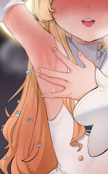 1girl \||/ armpits blonde_hair blue_archive blush commentary doroshe_(sdpw8474) dress highres long_hair nose_blush open_mouth paid_reward_available presenting_armpit round_teeth seia_(blue_archive) solo spread_armpit teeth upper_teeth_only white_dress