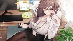 Rule 34 | 1girl, alternate costume, black skirt, blurry, breasts, brown-framed eyewear, brown hair, brown pantyhose, button gap, chair, cleavage, collared shirt, computer, depth of field, glasses, green eyes, grin, hailiu, hair ornament, hair over shoulder, hairclip, hand up, highres, id card, indie virtual youtuber, keyboard (computer), large breasts, long hair, long sleeves, looking at viewer, miniskirt, miori celesta, office chair, office lady, one eye closed, pantyhose, pencil skirt, shirt, shirt tucked in, sitting, skirt, smile, solo, swivel chair, virtual youtuber, white shirt
