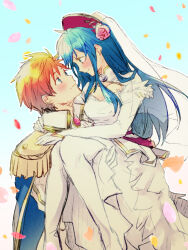 1boy 1girl arms_around_neck blue_cape blue_eyes blue_hair breasts bridal_veil bride cape carrying carrying_person closed_mouth commentary_request couple dress elbow_gloves epaulettes eye_contact falling_petals fire_emblem fire_emblem:_the_binding_blade fire_emblem_heroes flower gem gloves hair_flower hair_ornament hetero husband_and_wife lilina_(bridal)_(fire_emblem) lilina_(fire_emblem) long_hair looking_at_another medium_breasts nintendo nishimura_(shinchinagachi) official_alternate_costume petals princess_carry red_hair roy_(fire_emblem) roy_(groom)_(fire_emblem) short_hair smile thighhighs veil wedding wedding_dress white_dress white_gloves white_thighhighs