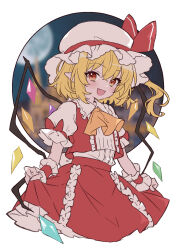 Rule 34 | 1girl, ahase hino, ascot, blonde hair, blush, collared shirt, crystal, fang, flandre scarlet, hair between eyes, hat, highres, long hair, mob cap, one side up, open mouth, pointy ears, red eyes, red skirt, red vest, shirt, short sleeves, skin fang, skirt, smile, solo, touhou, upper body, vest, white hat, white shirt, wings, wrist cuffs, yellow ascot