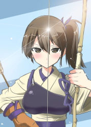 Rule 34 | 10s, 1girl, armor, arrow (projectile), asymmetrical hair, bow (weapon), brown eyes, brown hair, gloves, hair ribbon, japanese clothes, kaga (kancolle), kantai collection, looking at viewer, muneate, partially fingerless gloves, partly fingerless gloves, ribbon, side ponytail, solo, tasuki, weapon, yugake, yuzuyoukan
