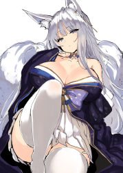 Rule 34 | 1girl, animal ear fluff, animal ears, azur lane, bare shoulders, breasts, cleavage, commentary request, fox ears, grey hair, hair between eyes, hair ornament, highres, japanese clothes, kimono, kitsune, large breasts, long hair, looking at viewer, multiple tails, off shoulder, purple eyes, shinano (azur lane), shiokonbu, solo, tail