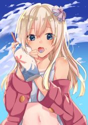 Rule 34 | 1girl, bikini, bikini under clothes, blonde hair, blue eyes, blue sky, blush, bow, breasts, commentary request, day, food, hair bow, hair ornament, holding, holding food, ice, kantai collection, long hair, long sleeves, looking at viewer, navel, one-piece tan, open mouth, outdoors, ro-500 (kancolle), saiko (saisaka), shaved ice, sky, small breasts, solo, swimsuit, swimsuit under clothes, tan, tanline, tongue, tongue out