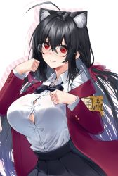 Rule 34 | 1girl, ahoge, animal ear fluff, animal ears, armband, azur lane, bespectacled, black bow, black bowtie, black hair, black skirt, blush, bow, bowtie, breasts, button gap, cat ears, cleavage, closed mouth, collared shirt, commentary, cowboy shot, crossed bangs, dress shirt, drop shadow, glasses, hair between eyes, hair ribbon, highres, huge ahoge, jacket, kemonomimi mode, large breasts, lips, long hair, long sleeves, looking at viewer, off shoulder, official alternate costume, open clothes, open jacket, paw pose, pleated skirt, red eyes, red jacket, red ribbon, ribbon, rimless eyewear, shirt, shirt tucked in, simple background, skirt, smile, solo, taihou (azur lane), taihou (sweet time after school) (azur lane), very long hair, white background, white shirt, wing collar, yellow armband, yorugami rei
