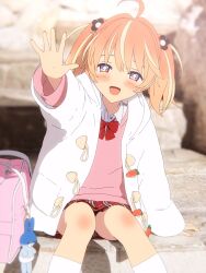Rule 34 | + +, 1girl, 3d, ahoge, arm at side, artist request, bag, bag charm, blender (medium), blonde hair, blurry, blurry background, blush, bow, bowtie, bright pupils, carrot, charm (object), collared shirt, commentary request, cowboy shot, day, dot nose, flower, hair flower, hair ornament, highres, hood, hoodie, kneehighs, long sleeves, looking at viewer, medium hair, miniskirt, multicolored eyes, multicolored hair, open clothes, open hand, open hoodie, open mouth, orange hair, outdoors, outstretched arm, pink bag, pink eyes, pink sweater, plaid, plaid skirt, purple eyes, red bow, red bowtie, red skirt, rinne (rinrinne), rinrinne, school bag, school uniform, shirt, sitting, skirt, smile, socks, solo, streaked hair, sweater, two side up, virtual youtuber, waving, white hoodie, white pupils, white shirt, white socks