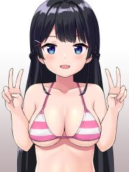 Rule 34 | 1girl, :d, bare arms, bare shoulders, bikini, black hair, blue eyes, blush, braid, breasts, collarbone, commentary request, commission, double v, gradient background, grey background, hair ornament, hairclip, hands up, highres, long hair, looking at viewer, medium breasts, nijisanji, open mouth, pixiv commission, revision, smile, solo, striped bikini, striped clothes, swimsuit, tsukino mito, tsunaso (lack of sunlight), upper body, v, very long hair, virtual youtuber, white background
