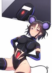 Rule 34 | 1girl, animal ears, band-width, black gloves, black hair, black leotard, black thighhighs, breasts, bridal gauntlets, cable, clothing cutout, elbow gloves, expressionless, fake animal ears, gloves, glowing, highres, leotard, medium breasts, mouse (computer), mouse ears, mouse tail, nail polish, navel cutout, original, personification, purple nails, red eyes, skin tight, solo, tail, thighhighs