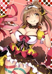 Rule 34 | 1girl, :q, absurdres, black ribbon, blush, bow, box, breasts, brown eyes, brown hair, candy, chocolate, chocolate heart, cleavage, dress, food, frilled dress, frills, hair bow, hair ribbon, heart, highres, kuromayu, large breasts, long hair, looking at viewer, one eye closed, original, ponytail, puffy short sleeves, puffy sleeves, ribbon, short sleeves, simple background, solo, star (symbol), tongue, tongue out