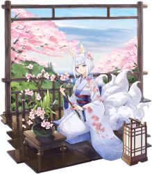 Rule 34 | 1girl, animal ears, artist request, azur lane, blue eyes, cherry blossoms, closed mouth, floral print, flower, fox ears, fox girl, fox tail, hair flower, hair ornament, highres, japanese clothes, kaga (azur lane), kaga (gentle blossom&#039;s sigh) (azur lane), kimono, long sleeves, looking at viewer, multiple tails, official alternate costume, official art, pink flower, seiza, short hair, sitting, smile, stick, tail, transparent background, tree, white hair, white kimono, wide sleeves