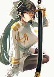 Rule 34 | 1girl, aiguillette, azur lane, black hair, bow, breasts, brown eyes, buttons, closed mouth, commentary request, covered erect nipples, double-breasted, gloves, gold trim, grey background, hair between eyes, hair bow, hair flaps, holding, holding sword, holding weapon, hotate-chan, huge breasts, katana, long hair, long sleeves, looking at viewer, military, military uniform, miniskirt, pantyhose, ponytail, ribbon, simple background, sitting, sketch, skirt, smile, solo, sword, takao (azur lane), thighband pantyhose, unfinished, uniform, very long hair, weapon, white background, white bow, white gloves, white ribbon, white skirt