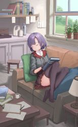 Rule 34 | 1girl, absurdres, black gloves, black hair, black thighhighs, blurry, blush, book, book stack, closed eyes, commentary request, couch, cup, depth of field, frills, full body, gloves, hair ornament, highres, idolmaster, idolmaster cinderella girls, indoors, juu p, lamp, light switch, long sleeves, pillow, plant, shiragiku hotaru, short hair, sitting, sleeping, solo, table, teacup, thighhighs, tree, window, wooden floor, wooden table