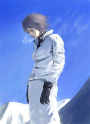 Rule 34 | 1girl, black eyes, blush, breath, brown hair, cold, day, gloves, jacket, looking down, mountain, original, short hair, sky, smile, snow, solo, suiso, suiso (oxygen2), turtleneck, zipper