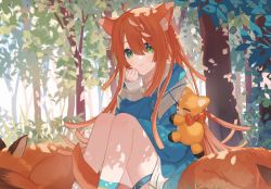 Rule 34 | 1girl, animal ear fluff, animal ears, blue hoodie, bow, chiri (ch!), clenched hand, cowlick, eyebrows hidden by hair, forest, fox, fox ears, fox girl, fox tail, green eyes, hood, hoodie, idol corp, leaf, long hair, nature, neo sparkles, orange hair, red bow, sitting, smile, solo, tail, tree, virtual youtuber