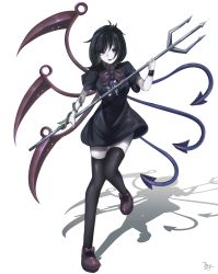 Rule 34 | 1girl, absurdres, asymmetrical wings, black dress, black hair, black thighhighs, black wristband, bow, center frills, dress, footwear bow, frills, hair between eyes, highres, holding, holding weapon, houjuu nue, polearm, red bow, red eyes, red footwear, red neckwear, shadow, short hair, short sleeves, signature, snake, solo, standing, standing on one leg, t terano, thighhighs, touhou, trident, weapon, wings, wristband