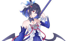 Rule 34 | 1girl, black hair, blue hair, blue sleeves, chest tattoo, colored inner hair, detached sleeves, facing to the side, highres, holding, holding scythe, holding weapon, honkai (series), honkai impact 3rd, looking at viewer, multicolored hair, official alternate eye color, red eyes, rinnaikawa, scythe, seele vollerei, shirt, solo, tattoo, weapon, white background, white shirt