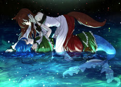 Rule 34 | 2girls, animal ears, bare shoulders, blue hair, brown hair, couple, eye contact, fingernails, fins, hand on another&#039;s face, hands on another&#039;s face, head fins, imaizumi kagerou, kyogoku-uru, long fingernails, long hair, looking at another, mermaid, monster girl, multiple girls, nail polish, partially submerged, tail, touhou, wakasagihime, water, wolf ears, wolf tail, yuri