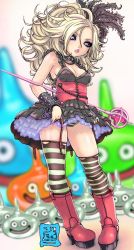 Rule 34 | 1girl, blonde hair, blue eyes, breasts, cleavage, corset, dragon quest, dragon quest swords, elbow gloves, feather hair ornament, feathers, gloves, hair ornament, long hair, medium breasts, panties, setia, skirt, striped clothes, striped panties, striped thighhighs, thighhighs, underwear, yae no sumire